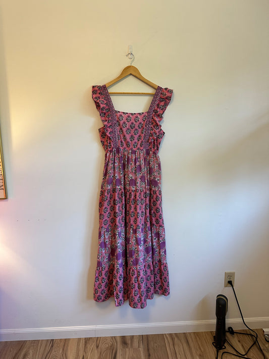 Pink Sleeveless Floral Smocked Cotton Maxi Dress | Size L/XL