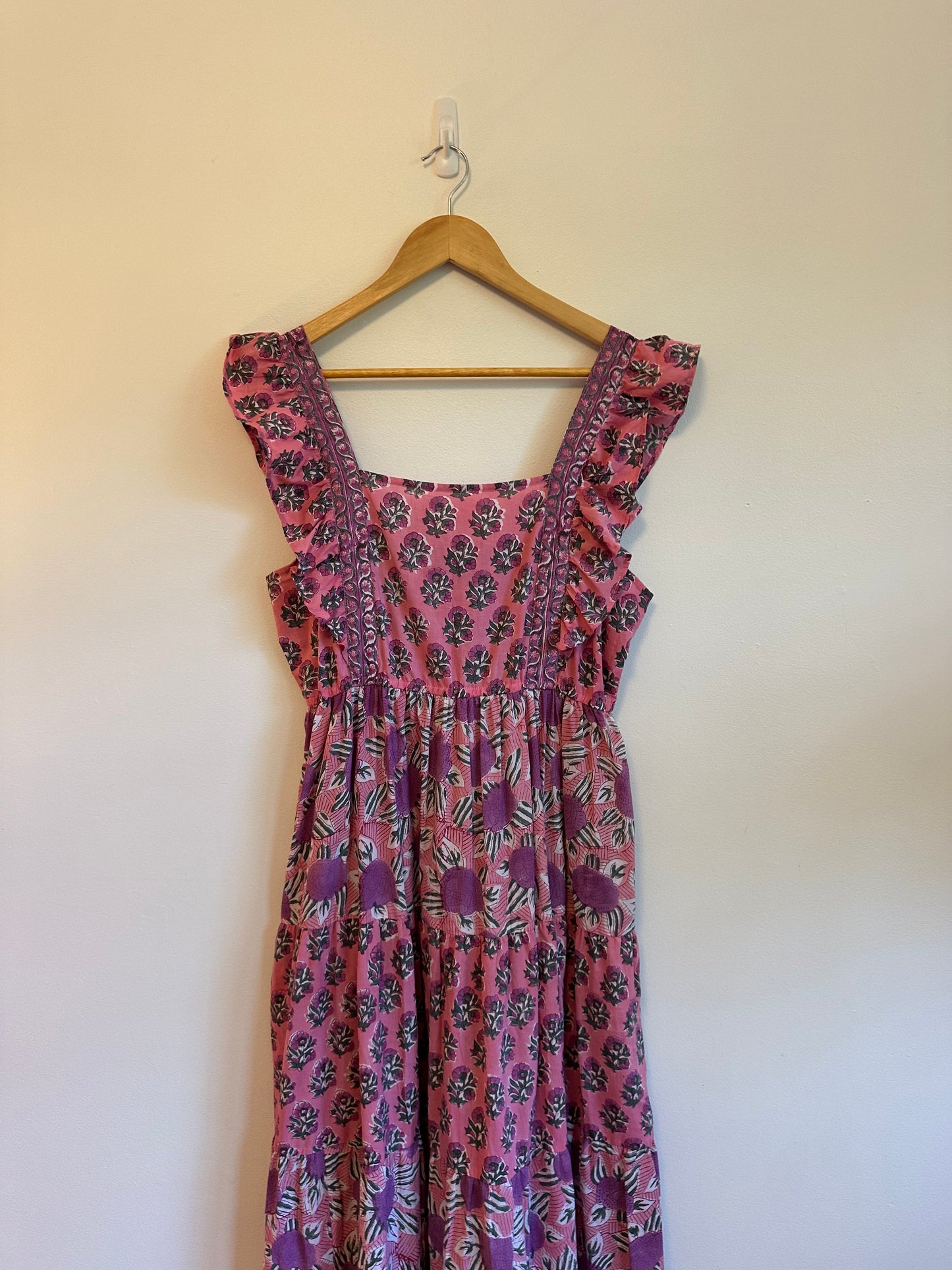 Pink Sleeveless Floral Smocked Cotton Maxi Dress | Size L/XL