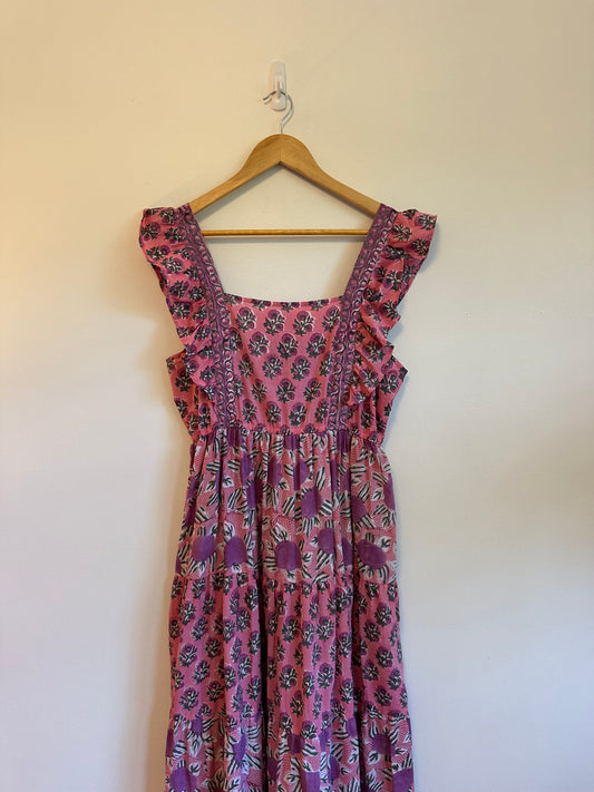 Pink Sleeveless Floral Smocked Cotton Maxi Dress | Size L/XL