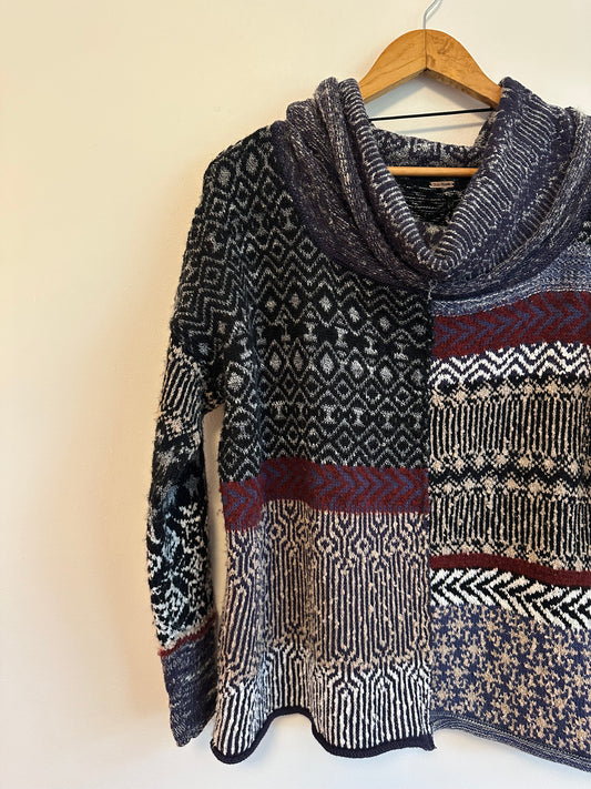 Free People Mixed Pattern Patchwork Cowl Neck Oversized Knit Sweater in Navy Blue