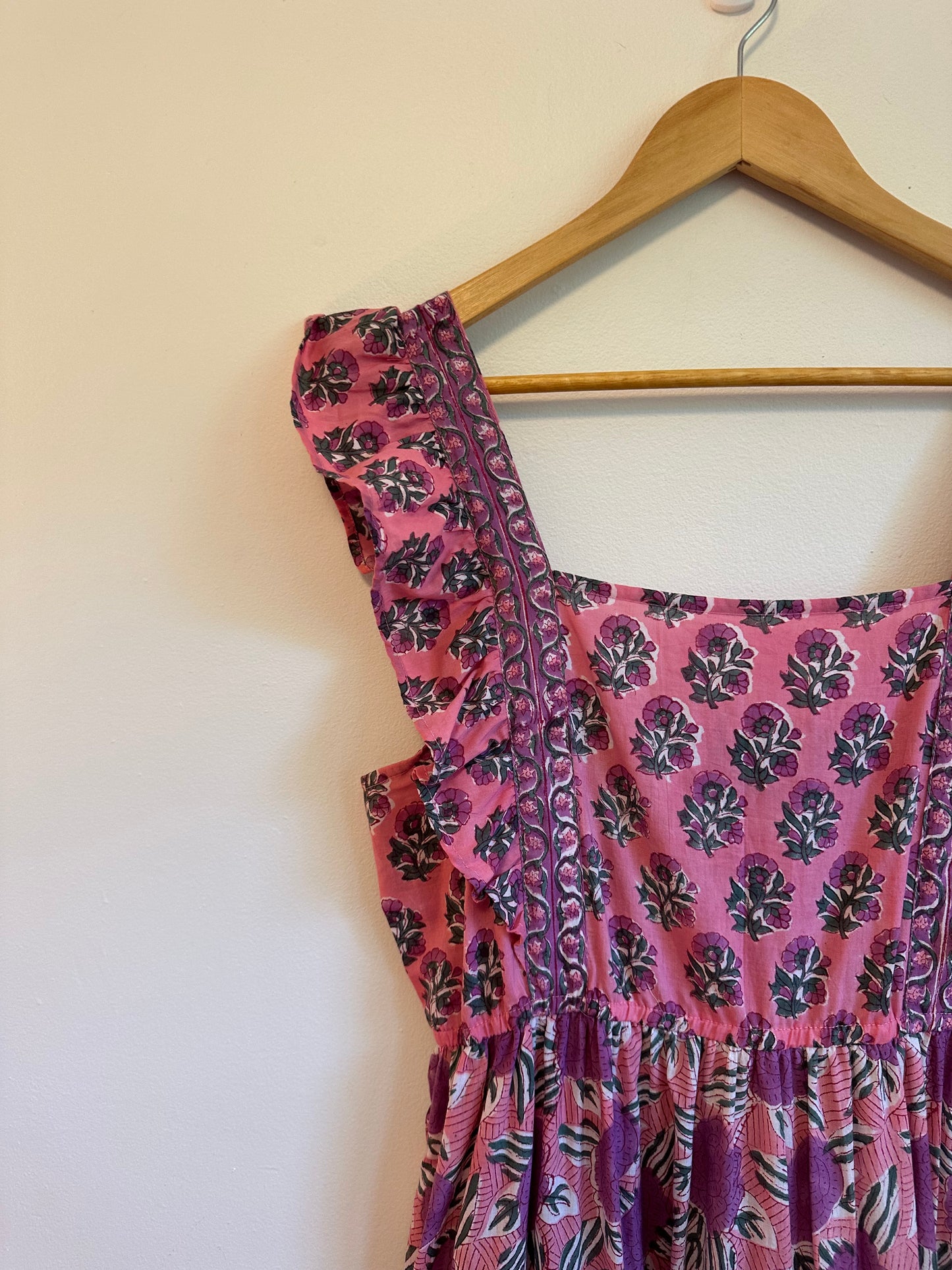 Pink Sleeveless Floral Smocked Cotton Maxi Dress | Size L/XL