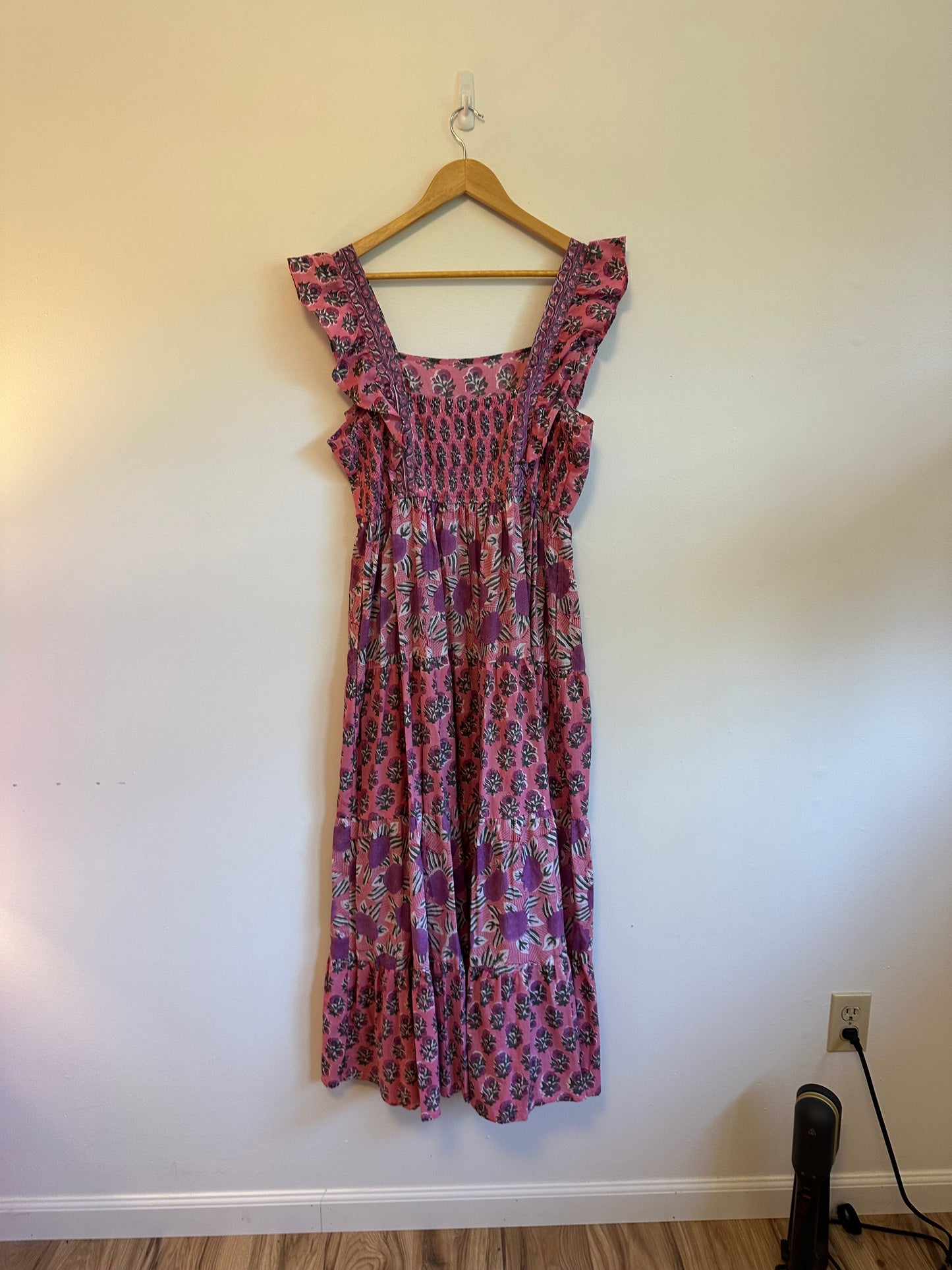Pink Sleeveless Floral Smocked Cotton Maxi Dress | Size L/XL