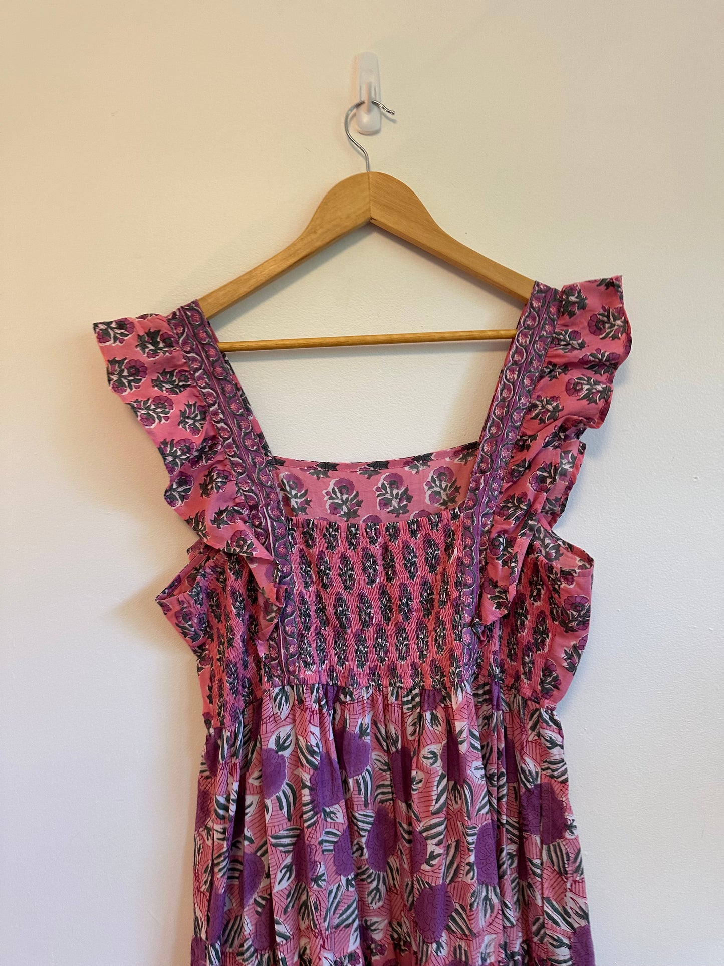 Pink Sleeveless Floral Smocked Cotton Maxi Dress | Size L/XL