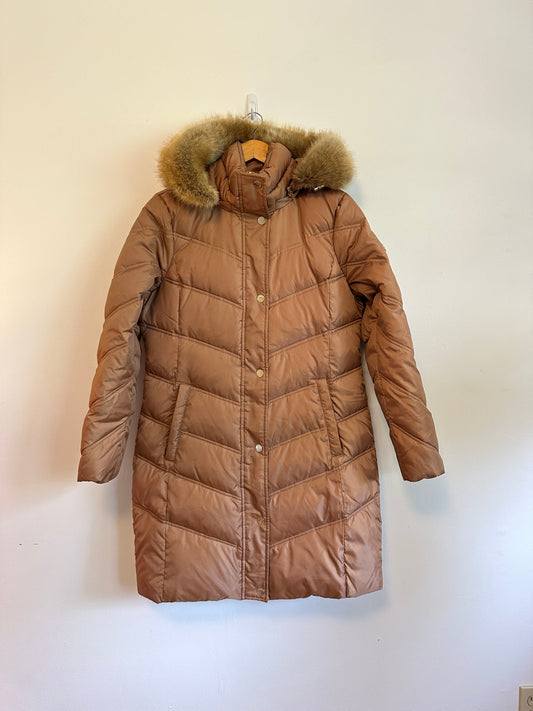 Michael Kors Camel Brown Quilted Puffer Coat Faux Fur Hood Parka | Size Medium