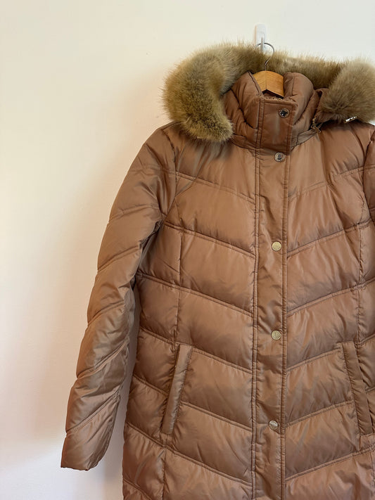 Michael Kors Camel Brown Quilted Puffer Coat Faux Fur Hood Parka | Size Medium
