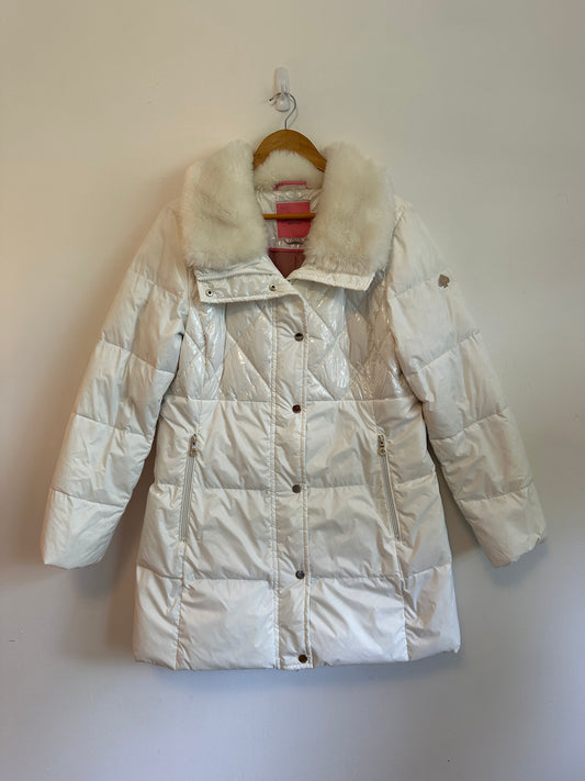 Kate Spade New York White Quilted Puffer Coat with Faux Fur Collar | Size Medium
