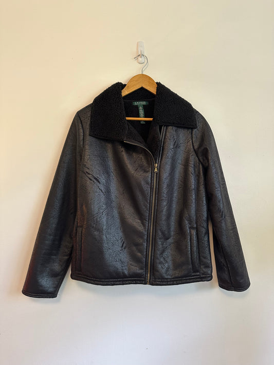 Lauren Ralph Lauren Black Faux Shearling and Vegan Leather Moto Jacket | Size Large
