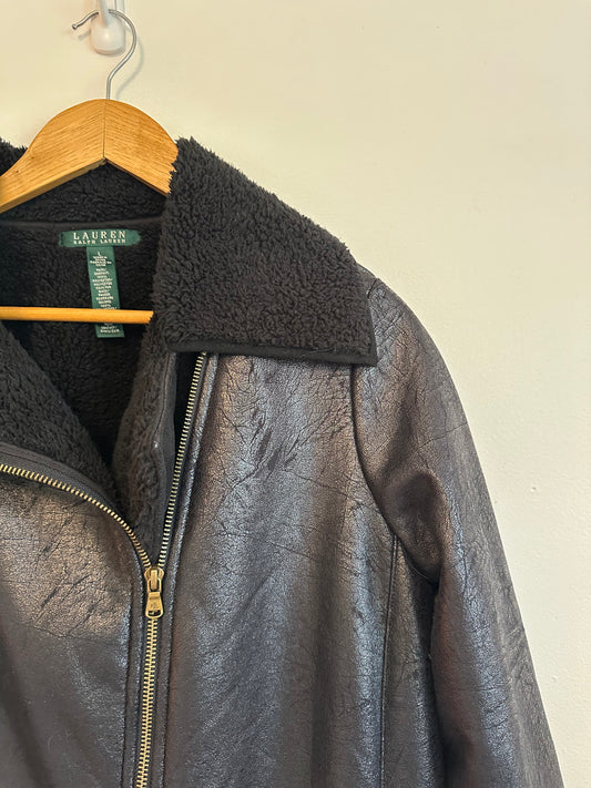 Lauren Ralph Lauren Black Faux Shearling and Vegan Leather Moto Jacket | Size Large