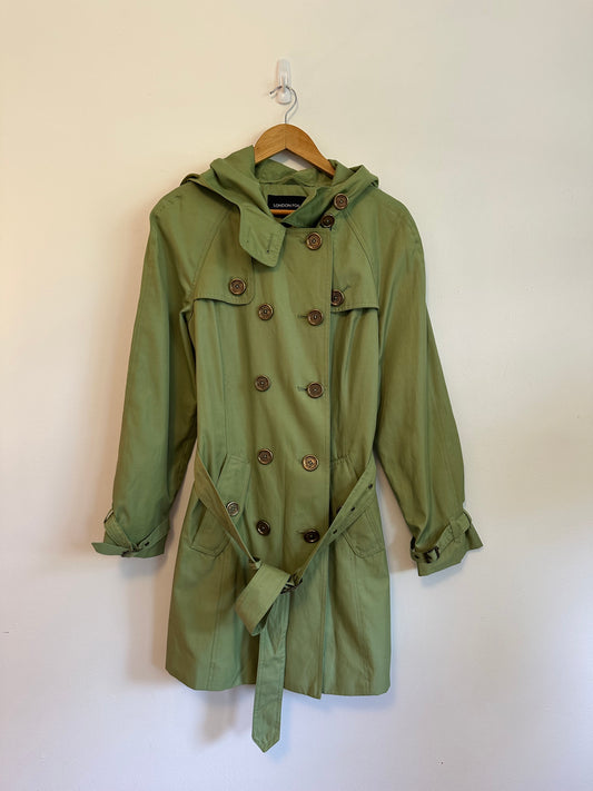 London Fog Green Double Breasted Hooded Belted Trench Coat | Size Medium