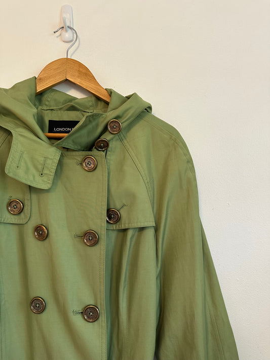 London Fog Green Double Breasted Hooded Belted Trench Coat | Size Medium