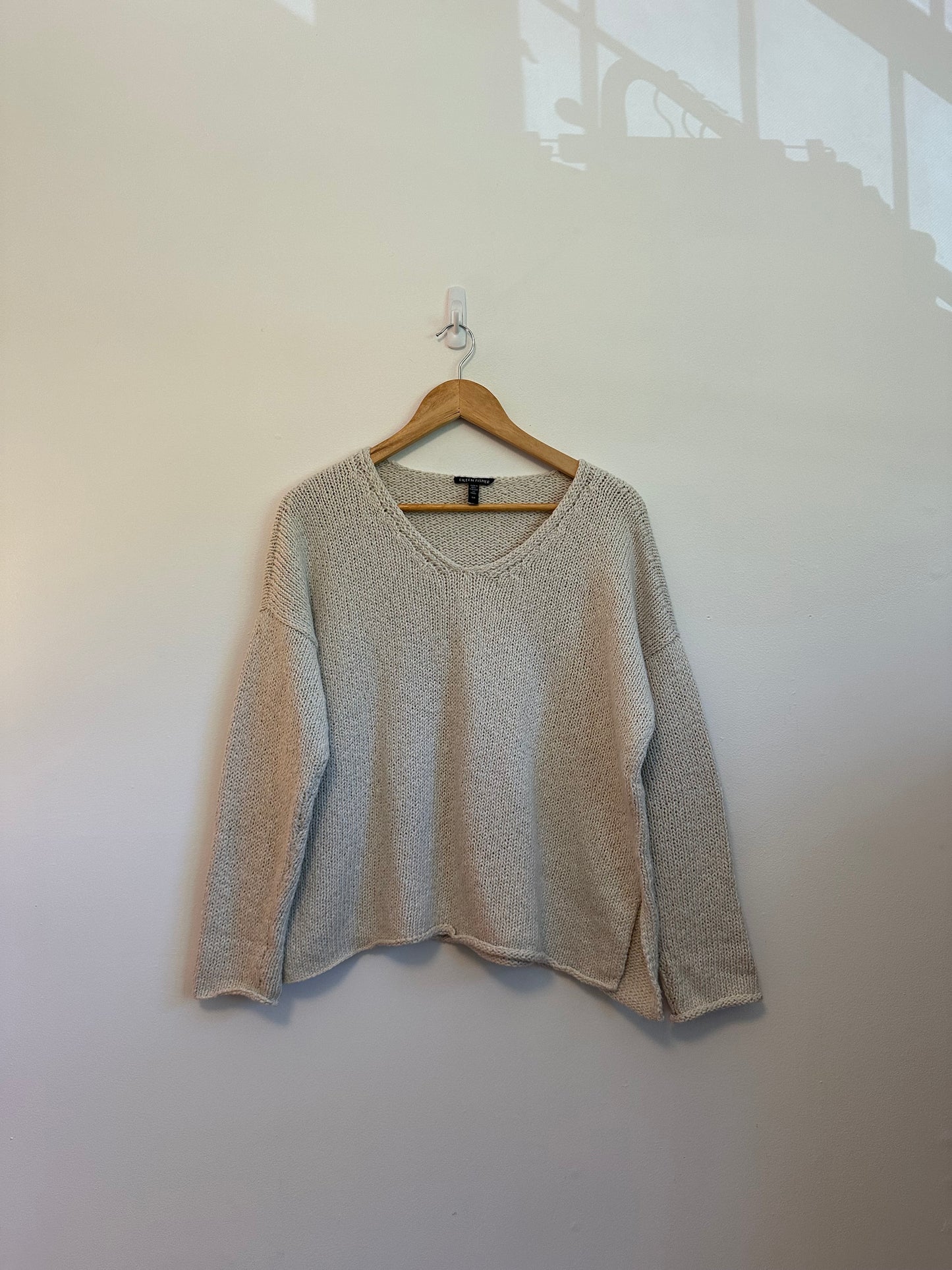 Eileen Fisher Organic Cotton V-Neck Sweater in Cream | Size Small