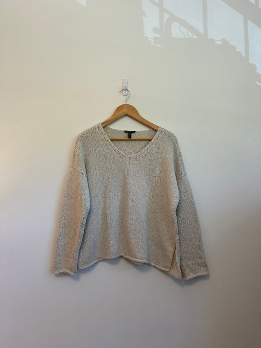 Eileen Fisher Organic Cotton V-Neck Sweater in Cream | Size Small