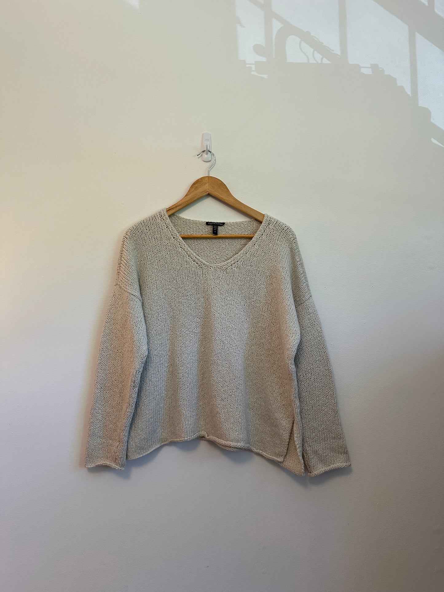 Eileen Fisher Organic Cotton V-Neck Sweater in Cream | Size Small