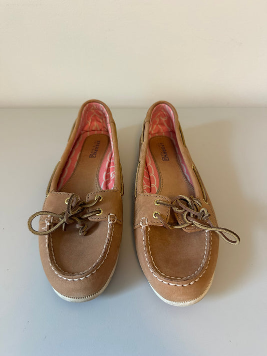 Sperry Top-Sider Tan Leather Boat Shoes with Pink Sole | Size 9.5