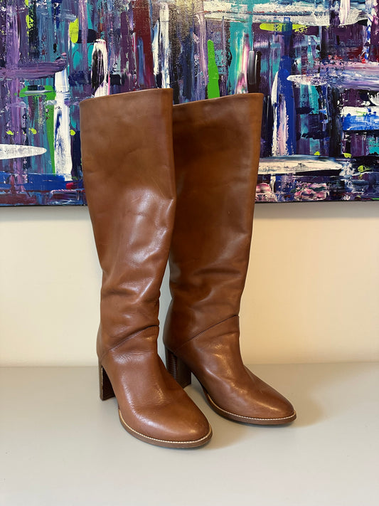 Banana Republic Tall Cognac Leather Block Heel Boots | Size 10