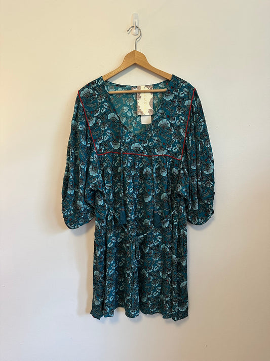 NWT Band of the Free Teal Floral Block Print Boho Mini Dress | Size Large