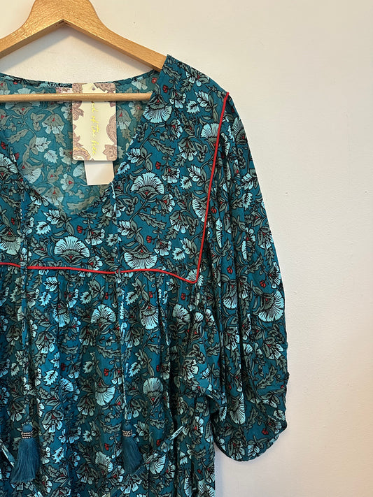 NWT Band of the Free Teal Floral Block Print Boho Mini Dress | Size Large
