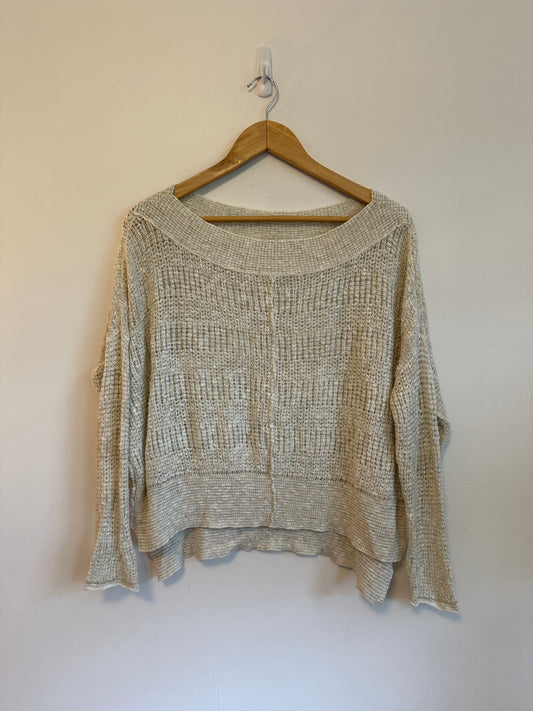 Free People Oversized Boat Neck Open Knit Sweater in Cream | Size XS