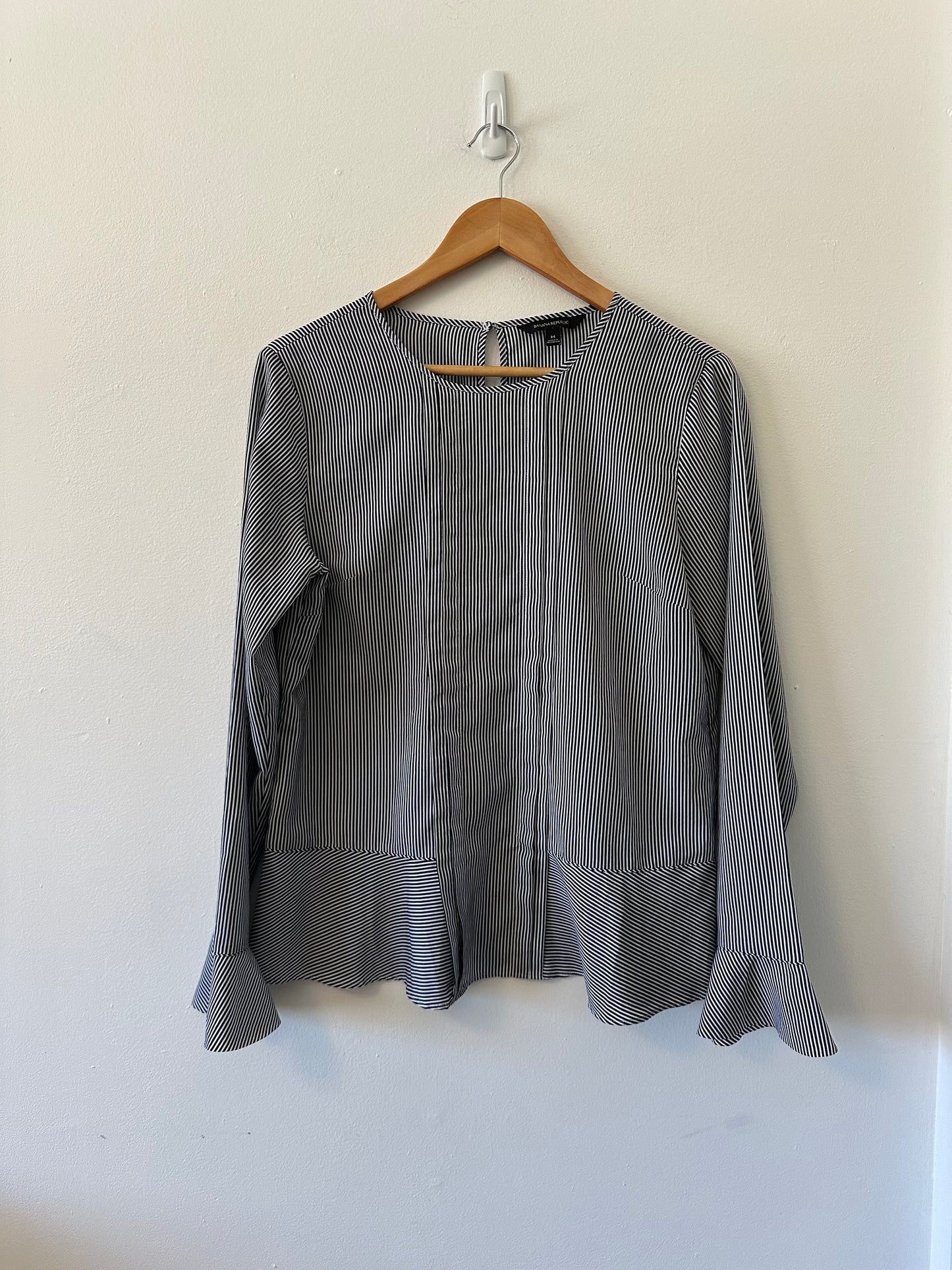 Banana Republic Navy and White Striped Flounce Peplum Blouse | Size Medium