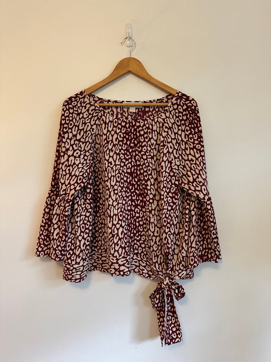 Michael Michael Kors Burgundy Leopard Print Bell Sleeve Side Tie Blouse | Size Large