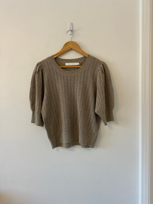 Bishop + Young Tan Metallic Pointelle Short Sleeve Sweater | Size Medium