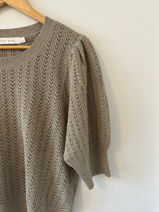 Bishop + Young Tan Metallic Pointelle Short Sleeve Sweater | Size Medium