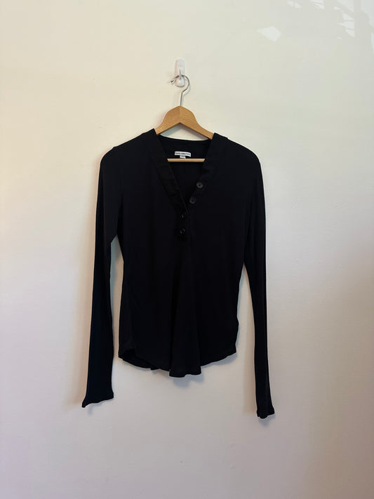 James Perse Black Cotton Henley Long Sleeve T-Shirt | Size 3 (Large)