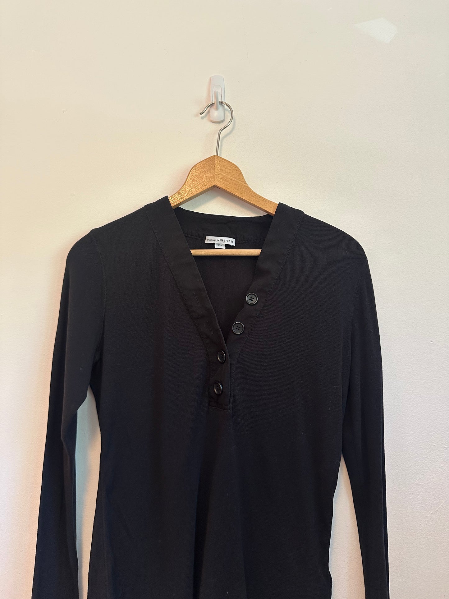 James Perse Black Cotton Henley Long Sleeve T-Shirt | Size 3 (Large)