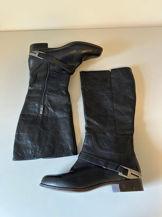 UGG Black Leather Riding Silver Buckle Moto Boots | Size 10