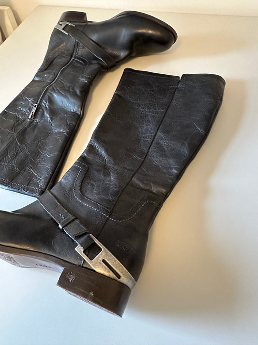 UGG Black Leather Riding Silver Buckle Moto Boots | Size 10
