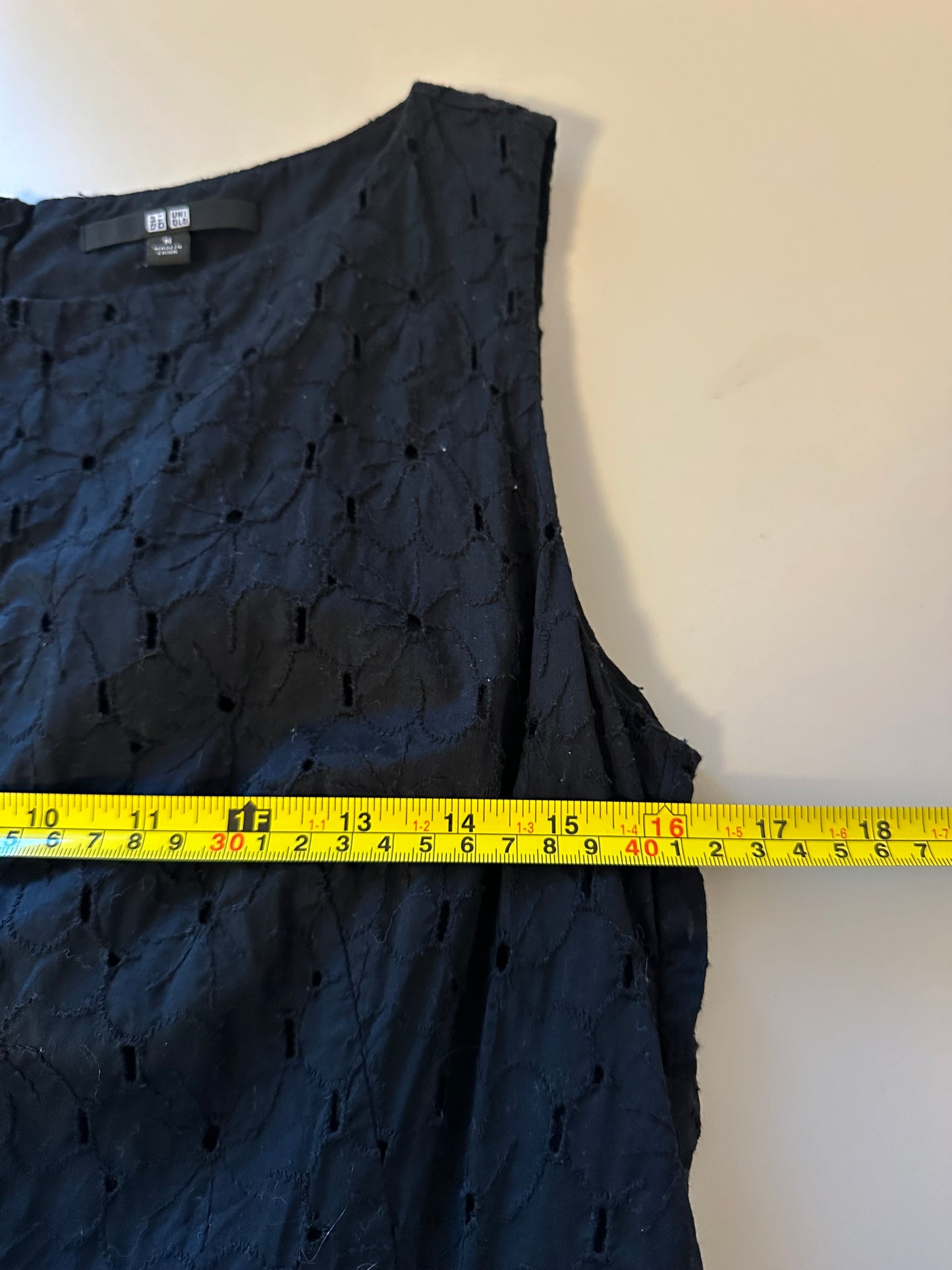 Uniqlo Black Cotton Eyelet Fit and Flare Mini Dress | Size Medium