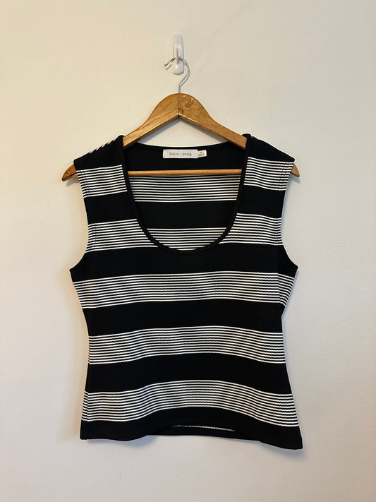 Bishop + Young Black and White Striped Scoop Neck Sleeveless Knit Top | Size Medium