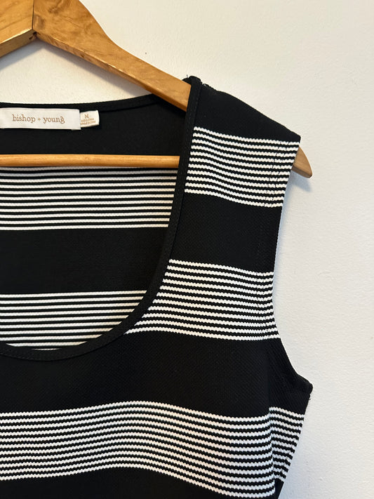 Bishop + Young Black and White Striped Scoop Neck Sleeveless Knit Top | Size Medium