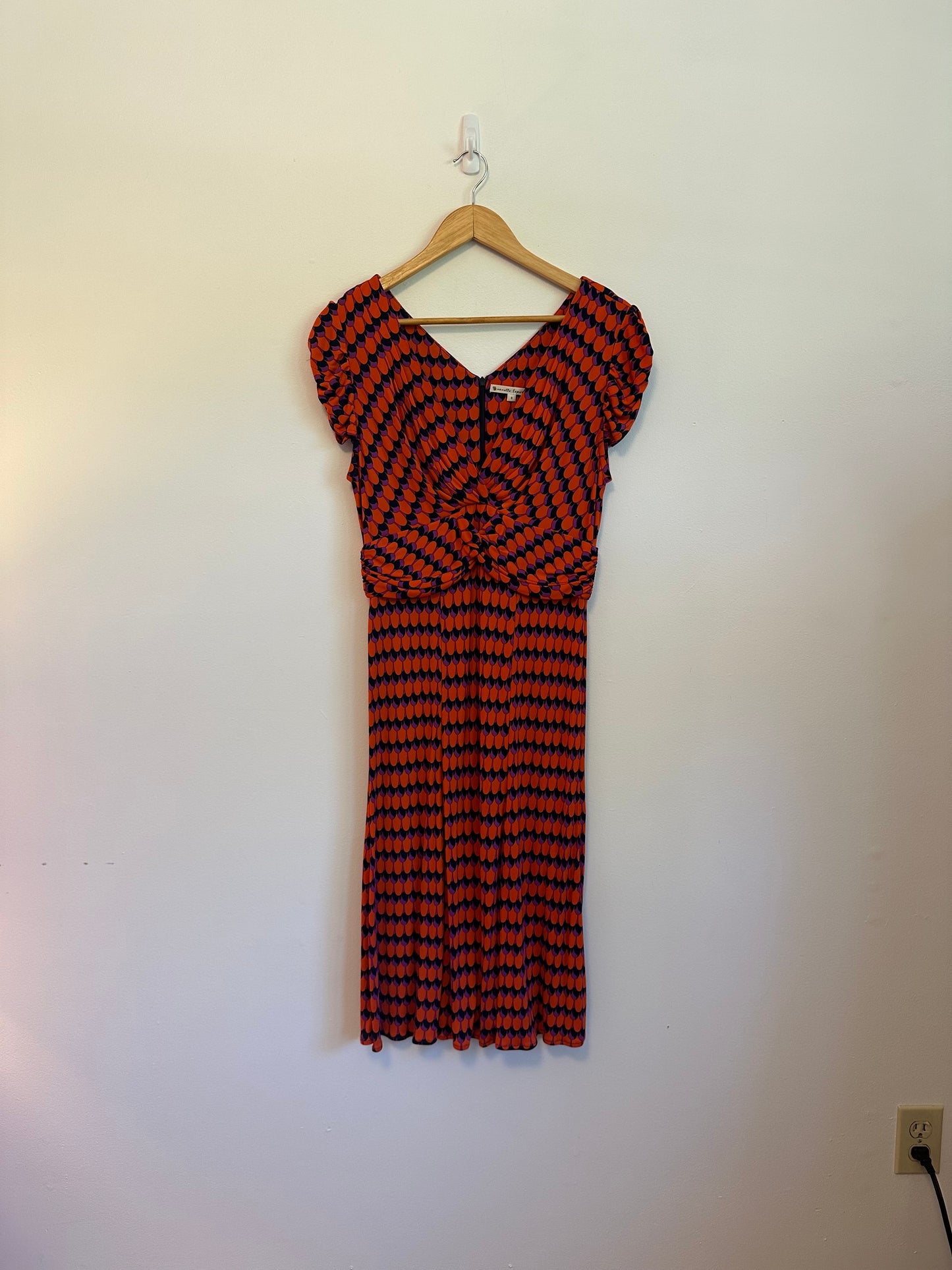 Nanette Lepore Vintage Twisted Front Jersey Dress in Orange, Purple, and Black