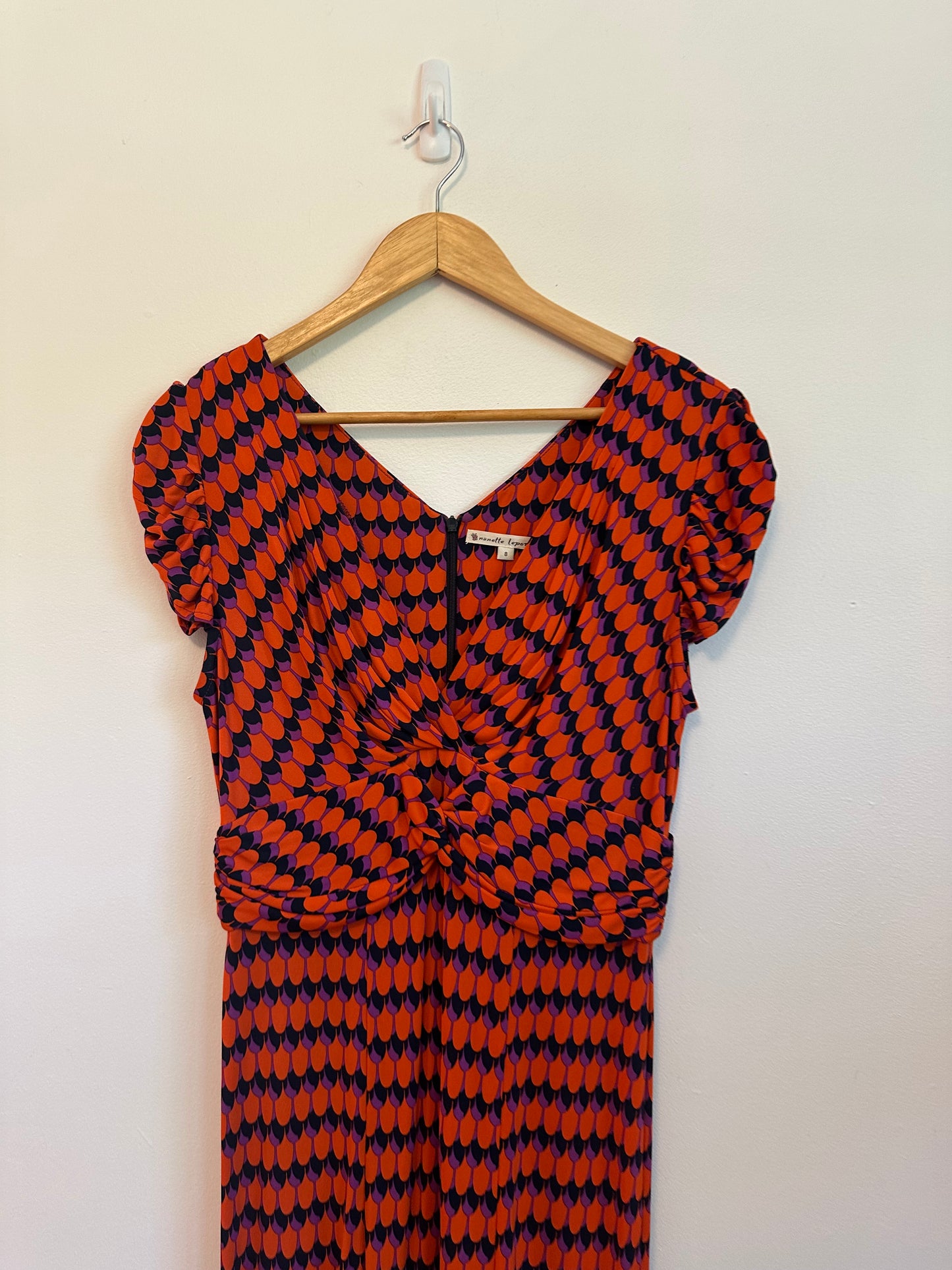 Nanette Lepore Vintage Twisted Front Jersey Dress in Orange, Purple, and Black