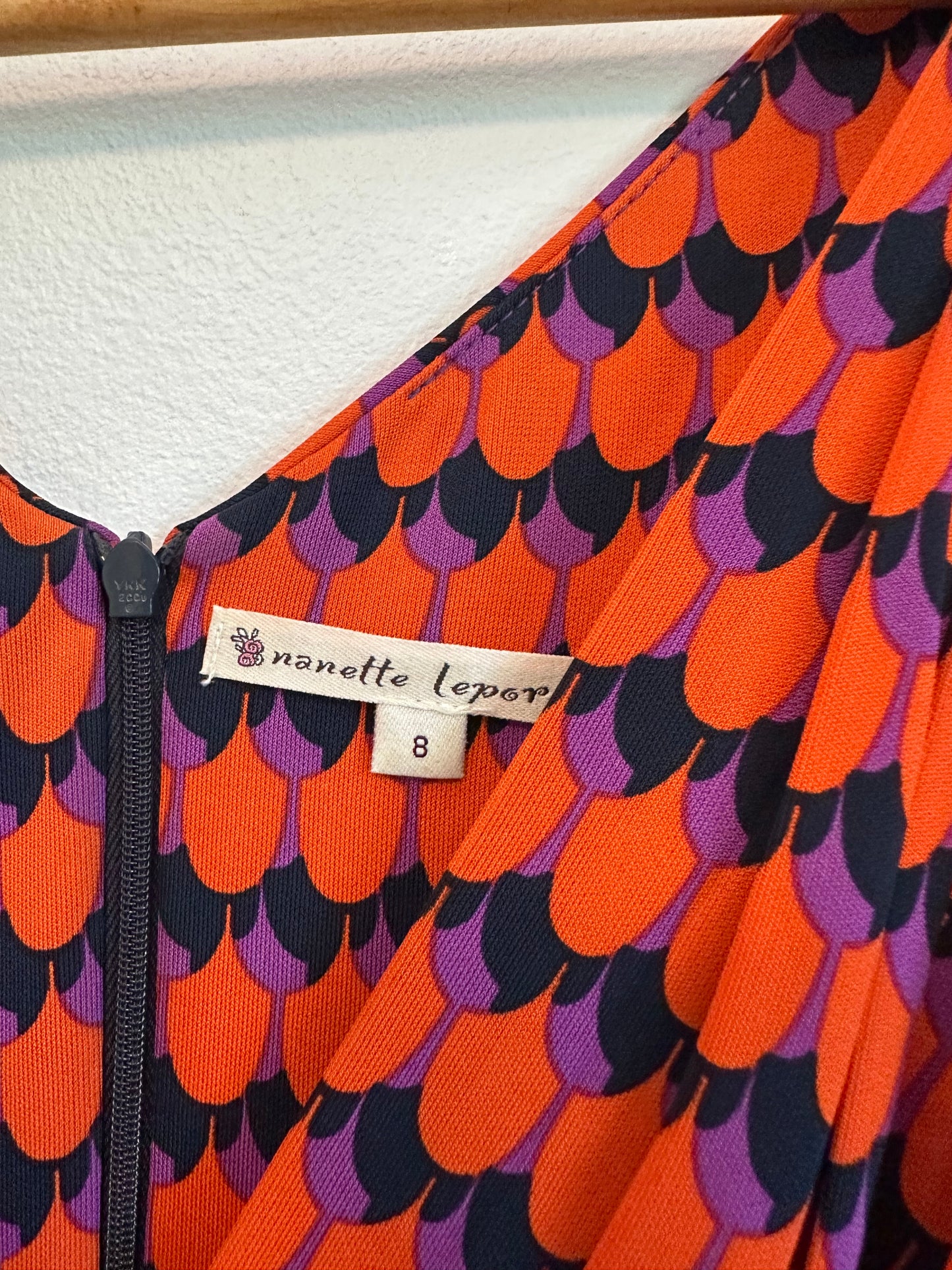 Nanette Lepore Vintage Twisted Front Jersey Dress in Orange, Purple, and Black