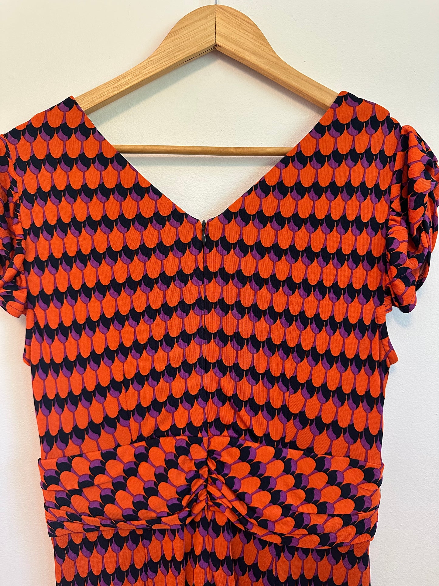 Nanette Lepore Vintage Twisted Front Jersey Dress in Orange, Purple, and Black