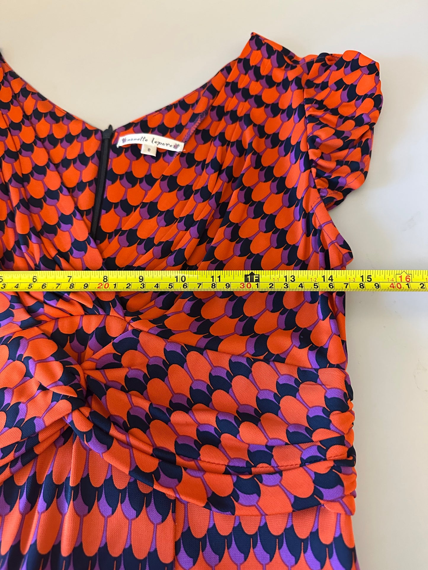 Nanette Lepore Vintage Twisted Front Jersey Dress in Orange, Purple, and Black