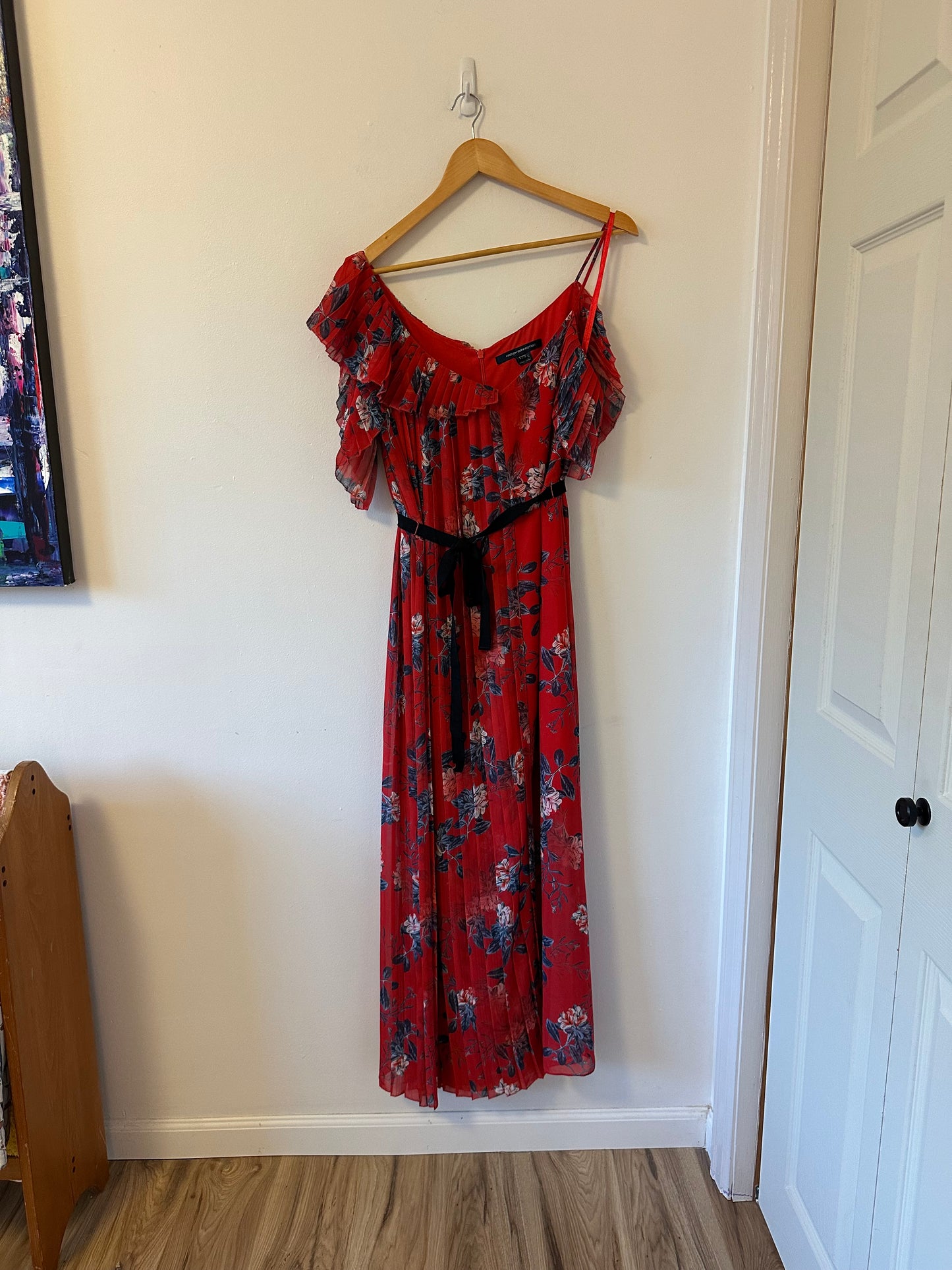 French Connection Red Floral Asymmetrical Sleeve Strappy Dress | Size 10