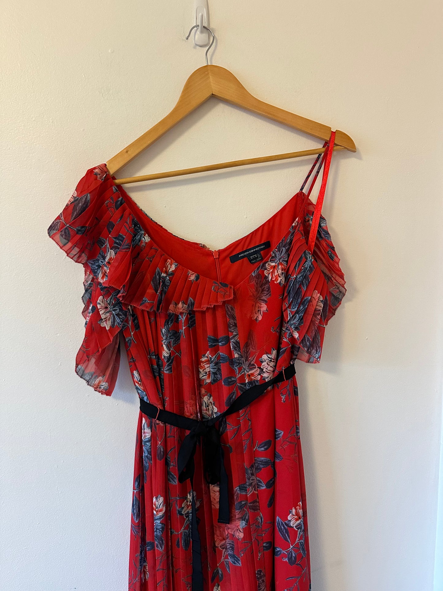 French Connection Red Floral Asymmetrical Sleeve Strappy Dress | Size 10