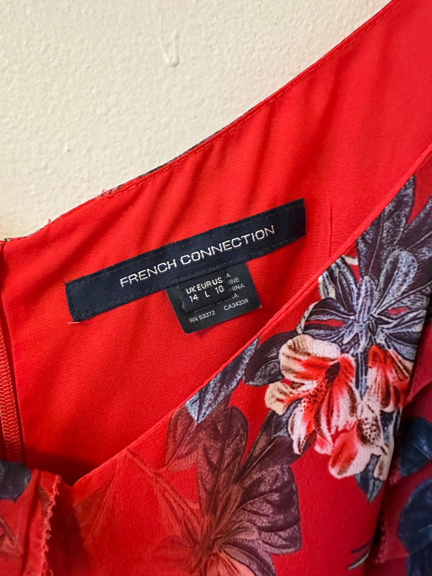 French Connection Red Floral Asymmetrical Sleeve Strappy Dress | Size 10