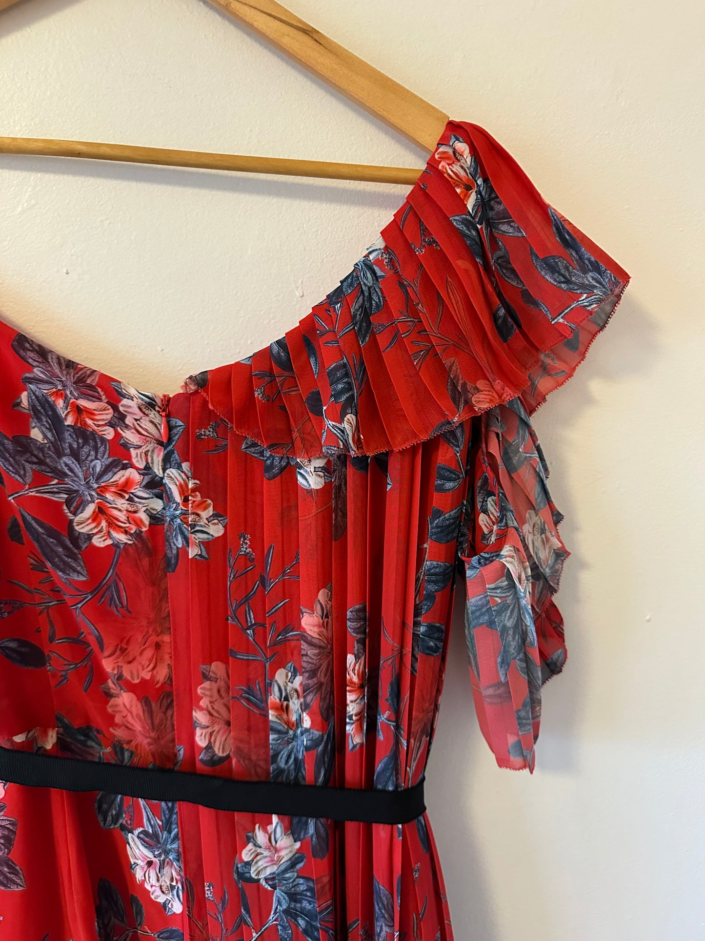 French Connection Red Floral Asymmetrical Sleeve Strappy Dress | Size 10