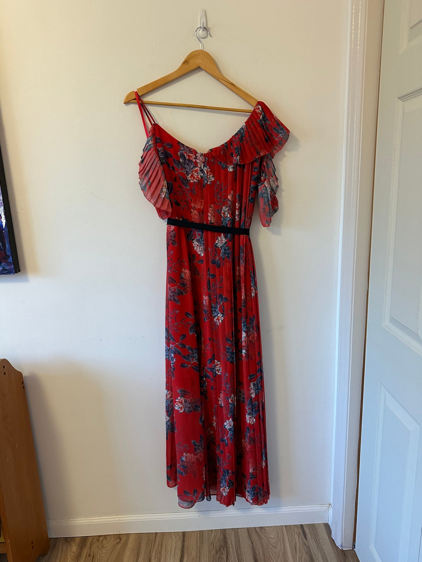 French Connection Red Floral Asymmetrical Sleeve Strappy Dress | Size 10