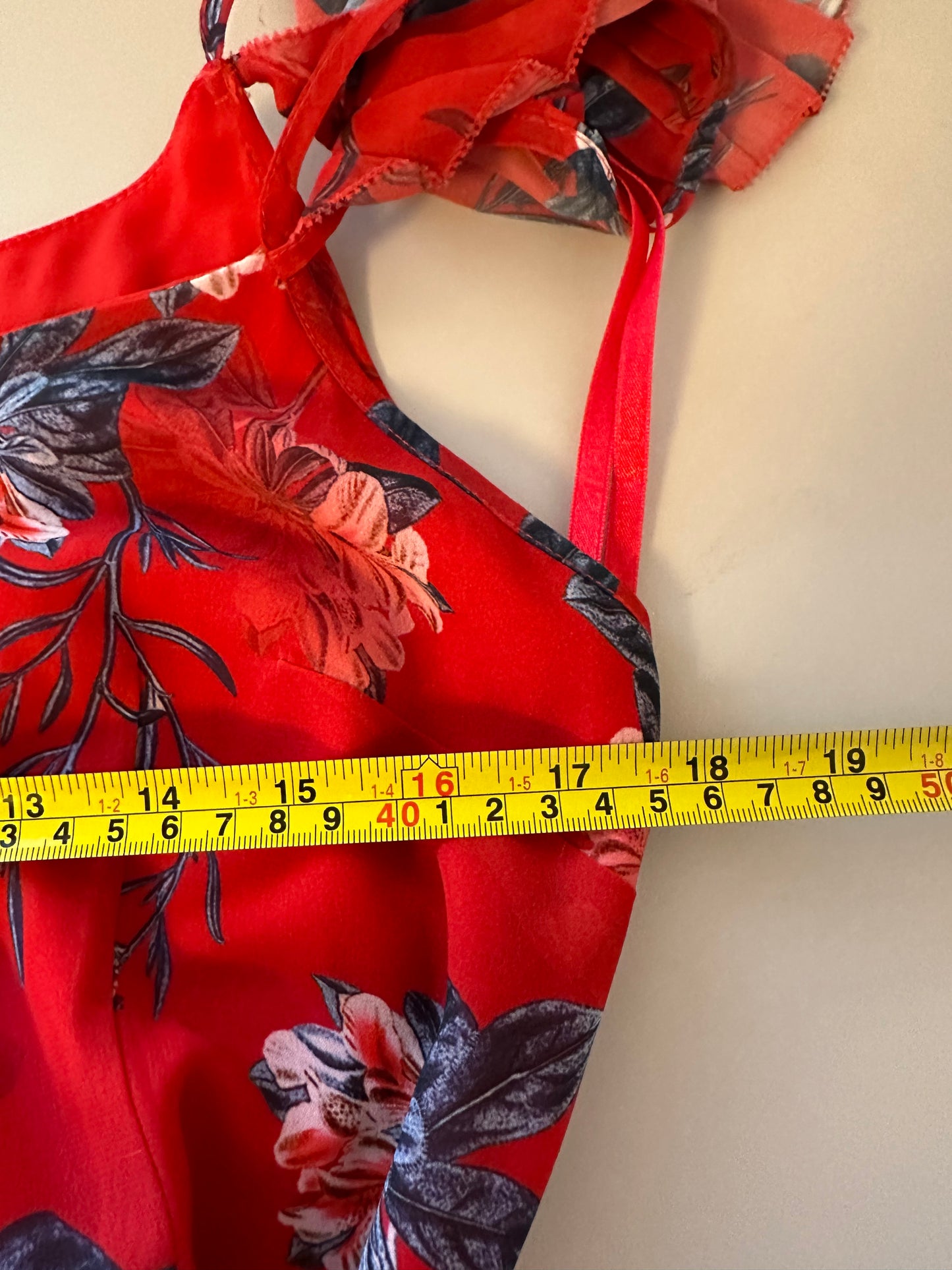 French Connection Red Floral Asymmetrical Sleeve Strappy Dress | Size 10
