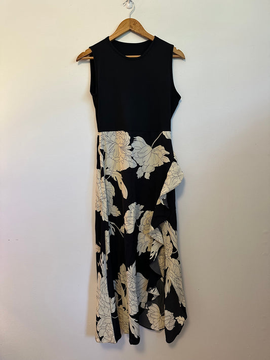 Black Cream Floral Ruffle Sleeveless Midi Dress | Size Medium