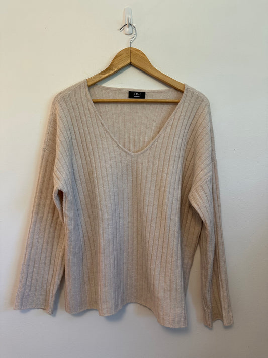 VICI Beige Ribbed V-Neck Oversized Sweater | Size Medium