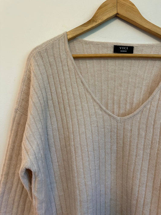 VICI Beige Ribbed V-Neck Oversized Sweater | Size Medium
