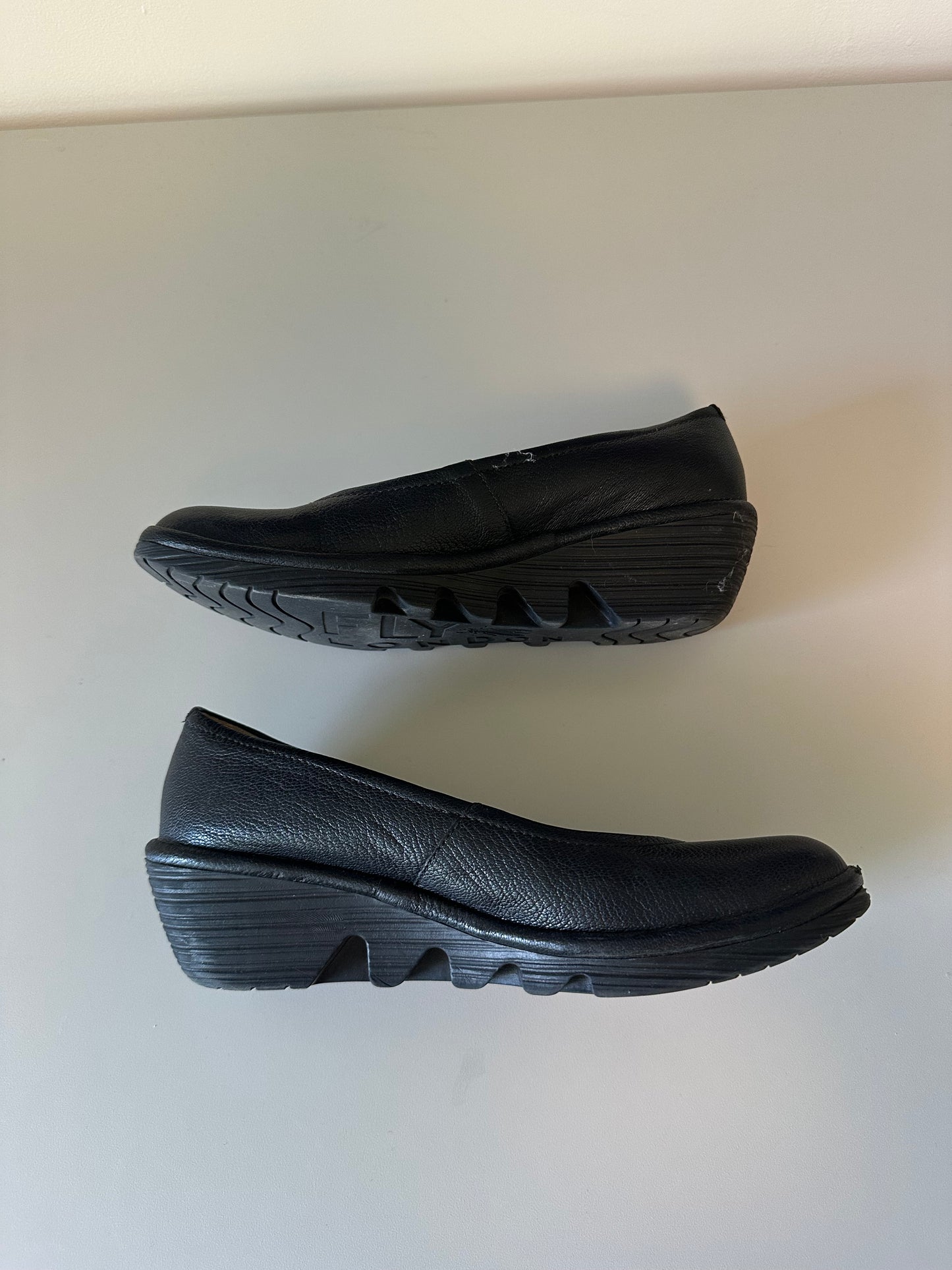 Fly London Black Leather Slip On Pump Wedge Shoes | Size 38