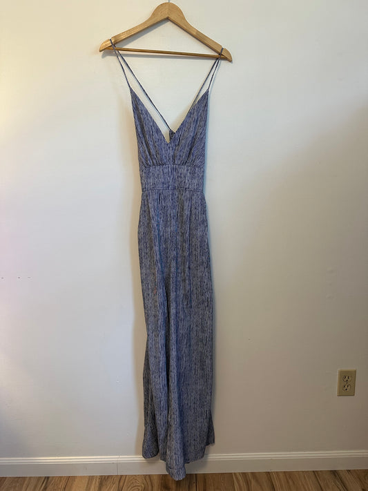 VICI Navy Blue and White Striped Wide Leg Jumpsuit | Size Medium