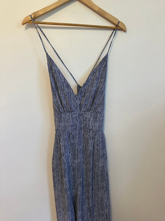 VICI Navy Blue and White Striped Wide Leg Jumpsuit | Size Medium